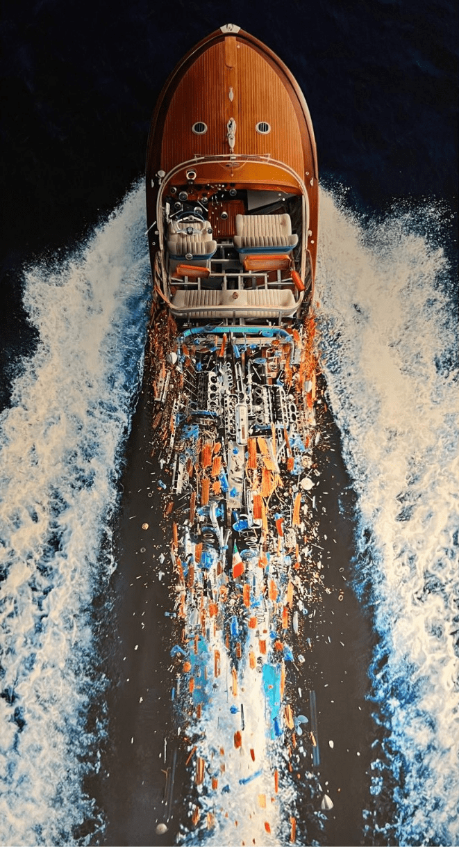 Ein elegantes Holzboot fährt mit hoher Geschwindigkeit durch das tiefblaue Wasser.