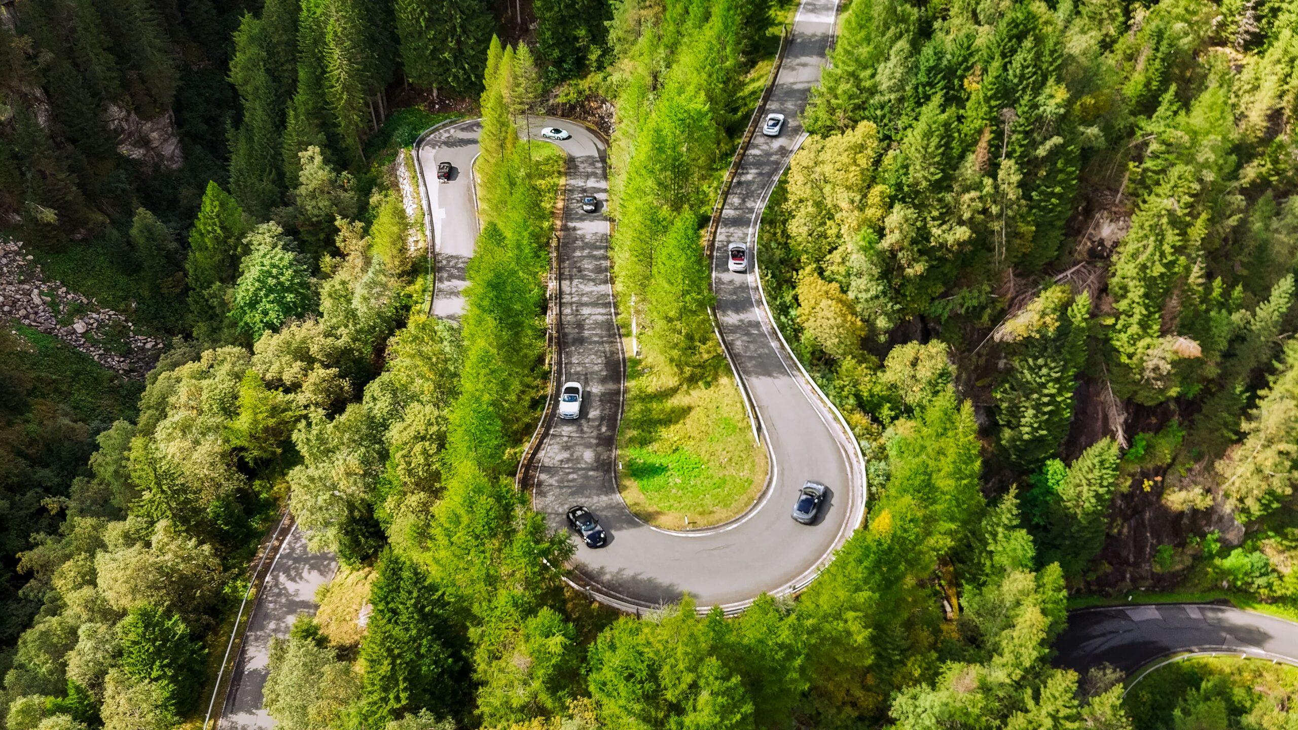 Sportwagen fahren auf kurviger Bergstraße inmitten dichter Wälder der Alpen.