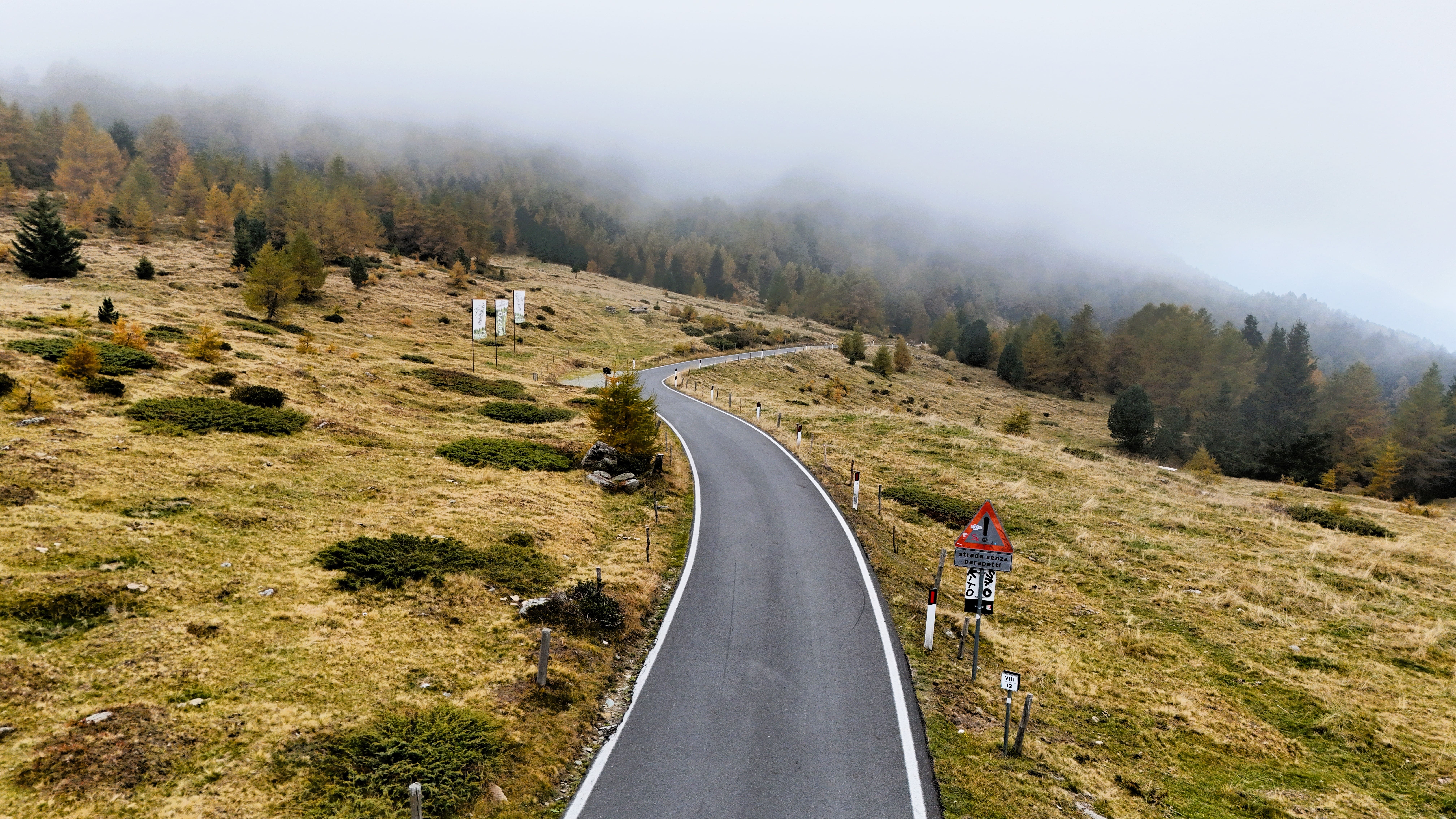 Kurvenreiche Bergstraße in den Dolomiten, umgeben von nebligen Wäldern.
