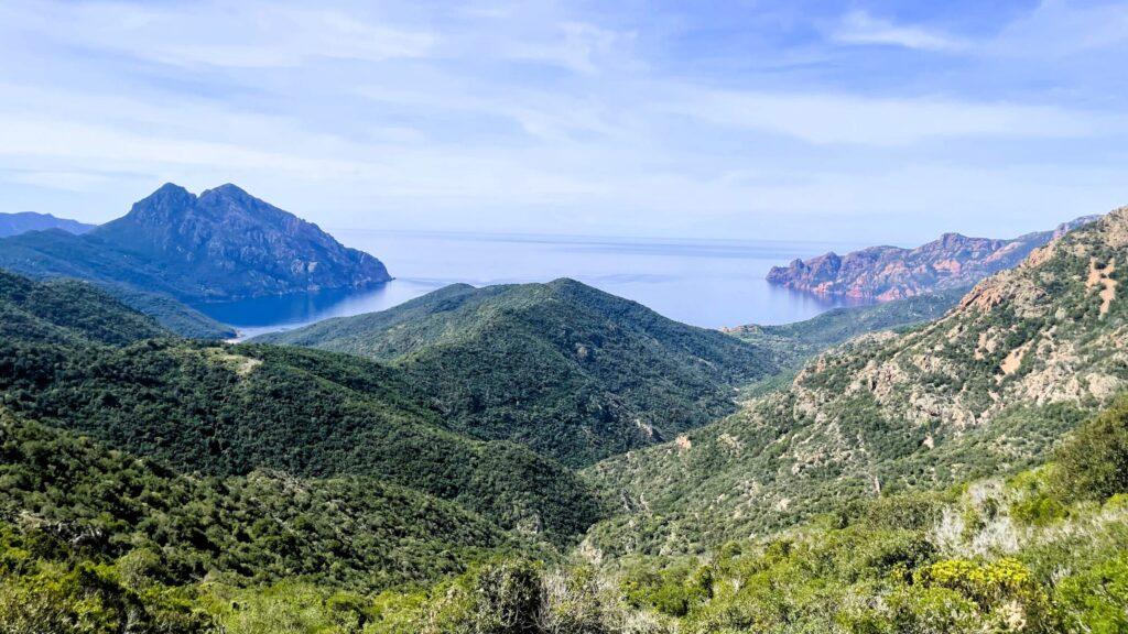 Panoramablick auf das Meer und die üppigen Hügel der französischen Riviera.