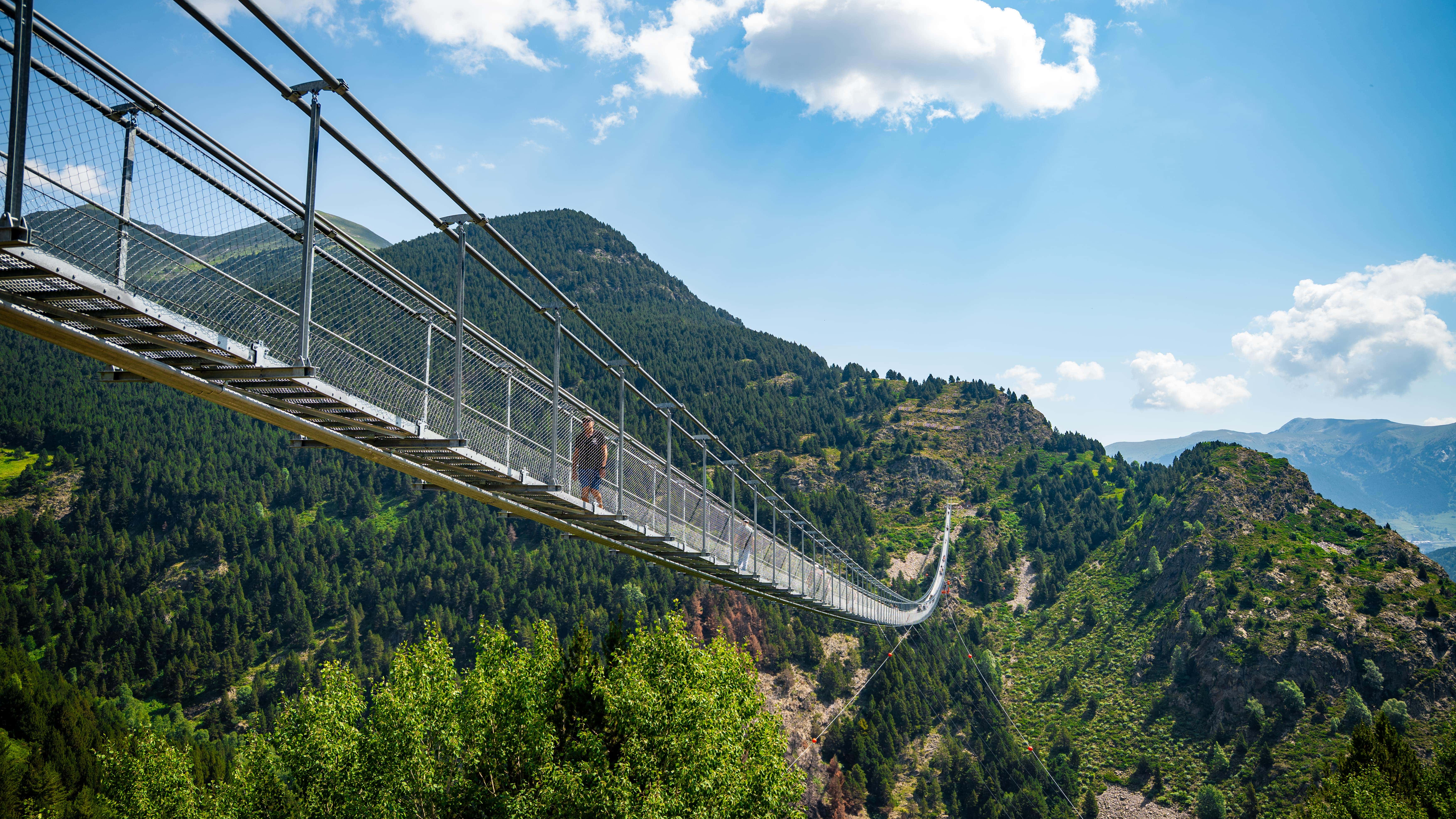 Schwebende Hängebrücke in den Bergen, umgeben von üppigem Grün und klarblauem Himmel. Ein Abenteuer in der Natur.