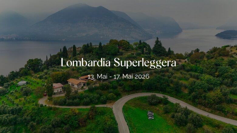 Header Bild der Lombardia Superleggera: Kurvenstraße am See, umgeben von Olivenbäumen.