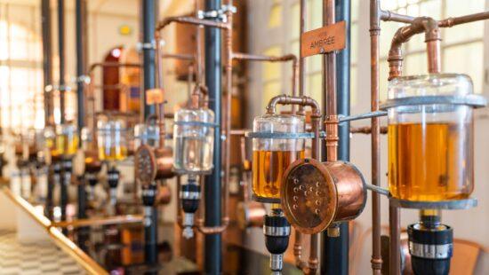 Kupferne Anlagen zur Destillation mit goldenen Flüssigkeiten, die Handwerk und Genuss vereinen.