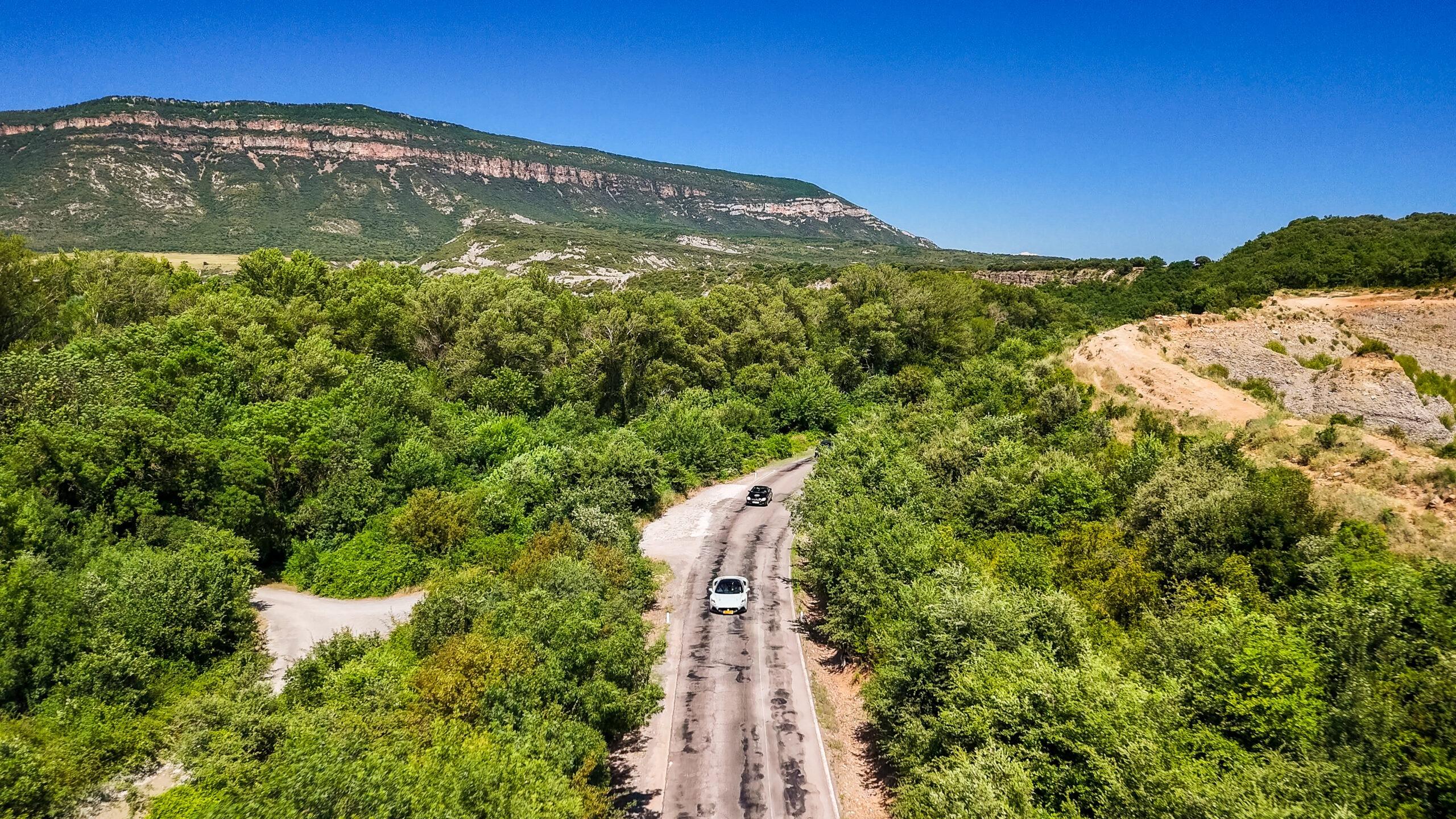 Zwei Sportwagen fahren auf einer kurvigen Straße durch eine grüne Landschaft.